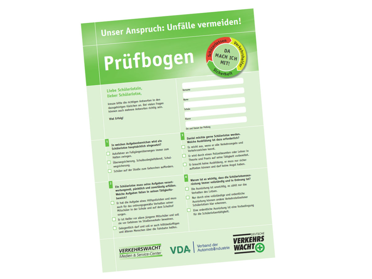 Pruefbogen Testbogen Schuelerlotsenausbildung Schuelerlotsen Verkehrshelfer Schulwegsicherheit